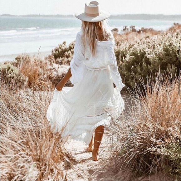 Boho White Tassel Tie Clouded Dream Cotton Maxi Skirt With Lace Embroidery - Picture 3 of 12